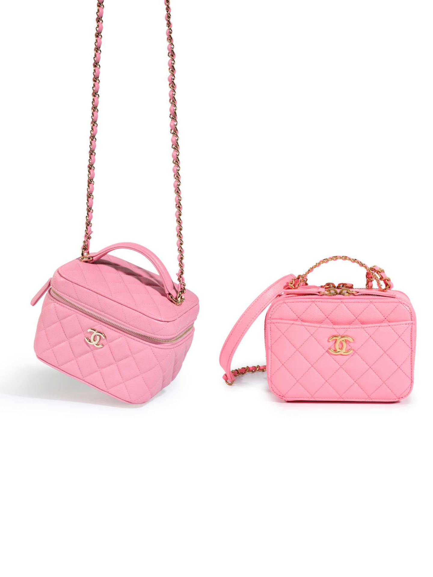 CHANEL: PINK CAVIAR QUILTED CC LOGO TOP HANDLE VANITY CASE; PINK PURPLE CAVIER VANITY CASE WITH ...