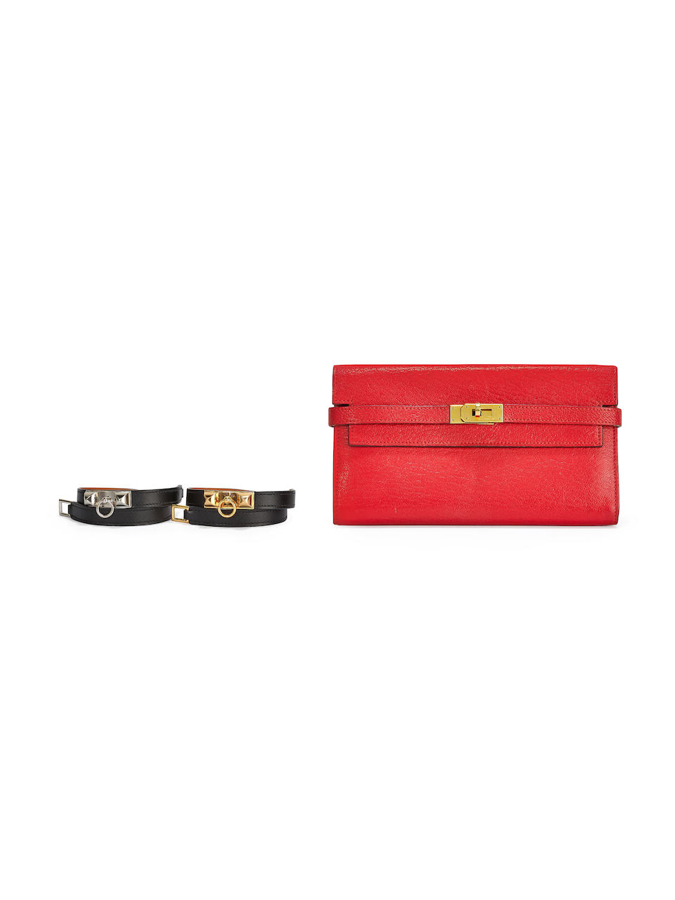 [NO RESERVE] HERMÈS: A SET OF 3 RED MYSORE KELLY WALLET WITH GOLD HARDWARE; BLACK BOX RIVAL...