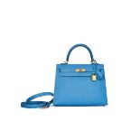 HERMÈS: BLEU PARADIS EPSOM SELLIER KELLY 25 WITH GOLD HARDWARE 2022 (Includes padlock, ke...