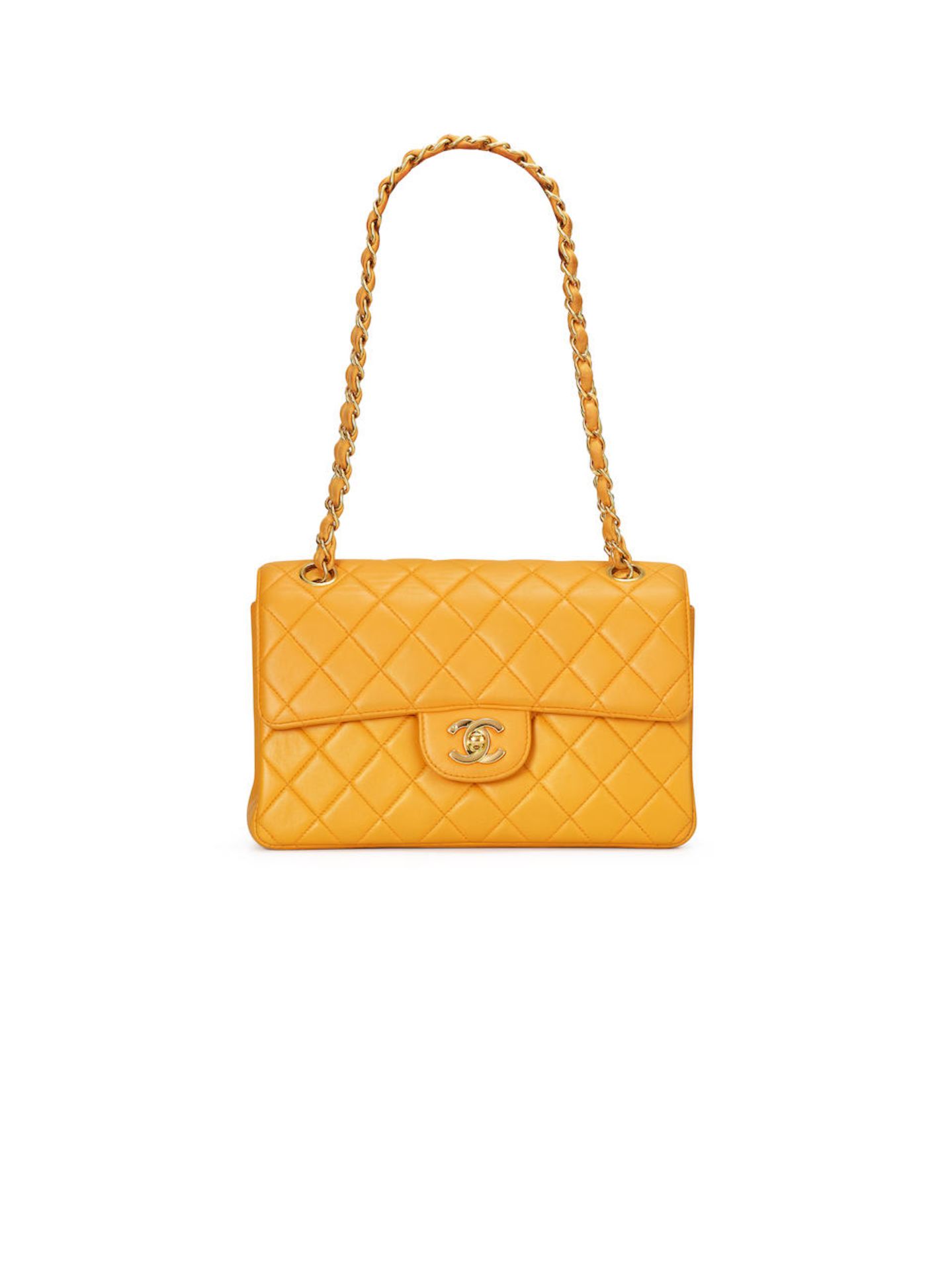 CHANEL: YELLOW DOUBLE SIDED LAMBSKIN FLAP BAG WITH GOLD TONED HARDWARE (Includes serial sticker,...