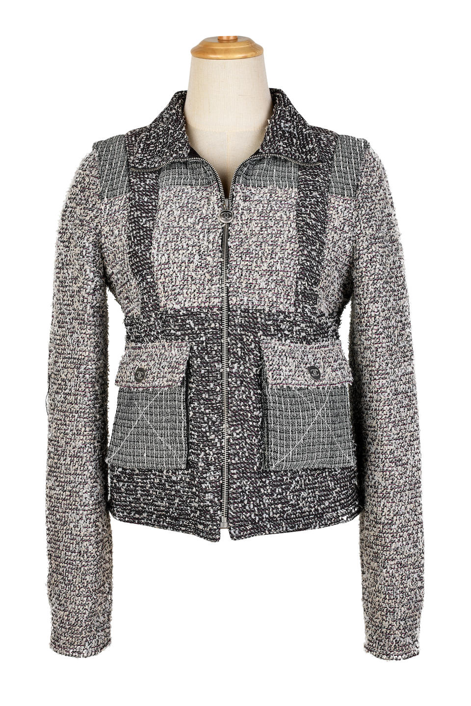 CHANEL: GREY BLACK WHITE TWEED ZIP CLOSURE JACKET WITH CC LOGO BUTTONS AND PADDED LINING