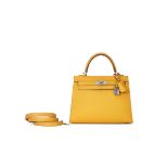 HERMÈS: JAUNE AMBRE EPSOM SELLIER KELLY 25 WITH PALLADIUM HARDWARE (Includes padlock, keys,...