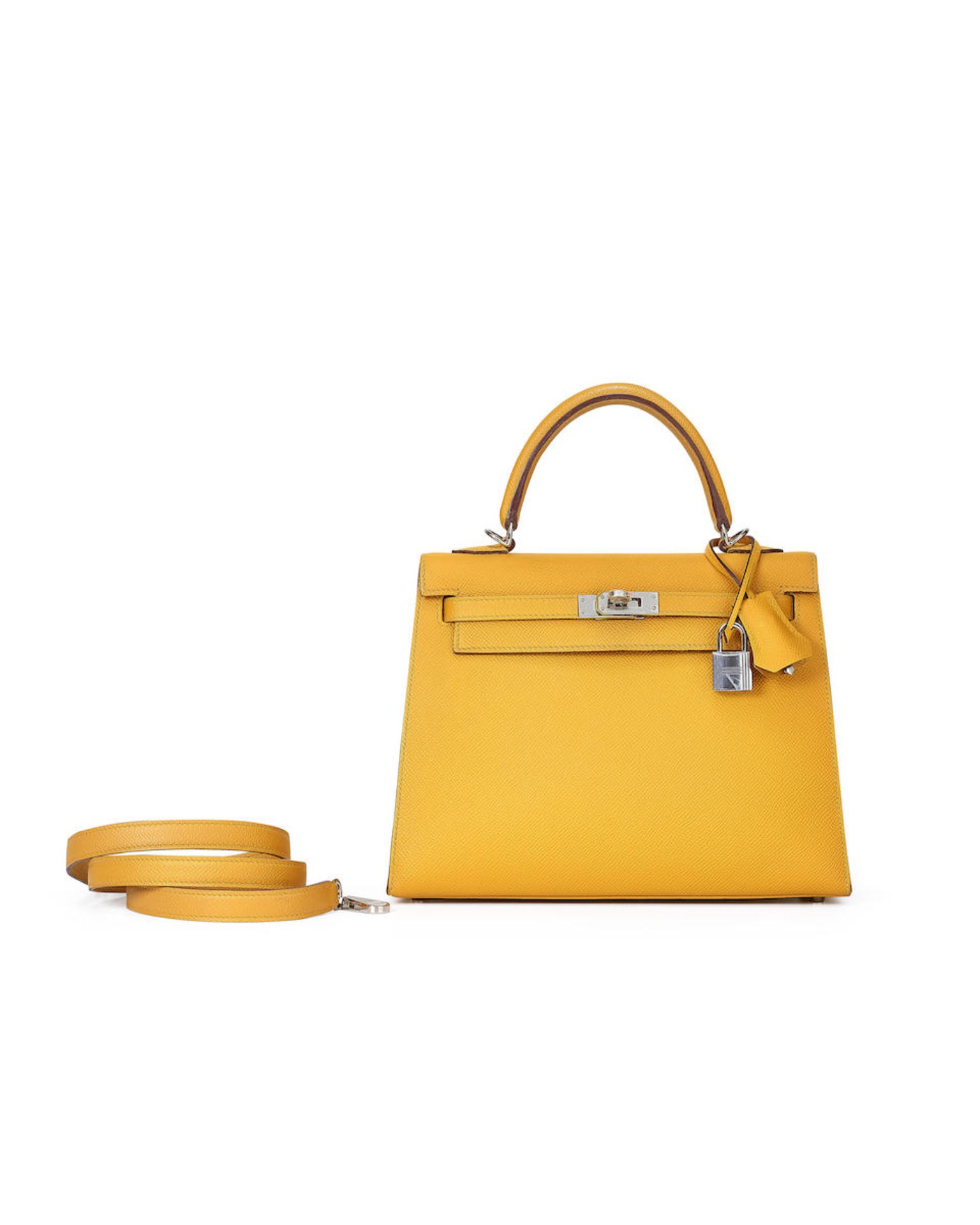 HERMÈS: JAUNE AMBRE EPSOM SELLIER KELLY 25 WITH PALLADIUM HARDWARE (Includes padlock, keys,...