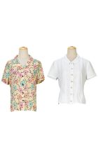 CHANEL: WHITE SHIRT WITH CC BUTTONS AND FLORAL BEIGE CHIFFON SHIRT