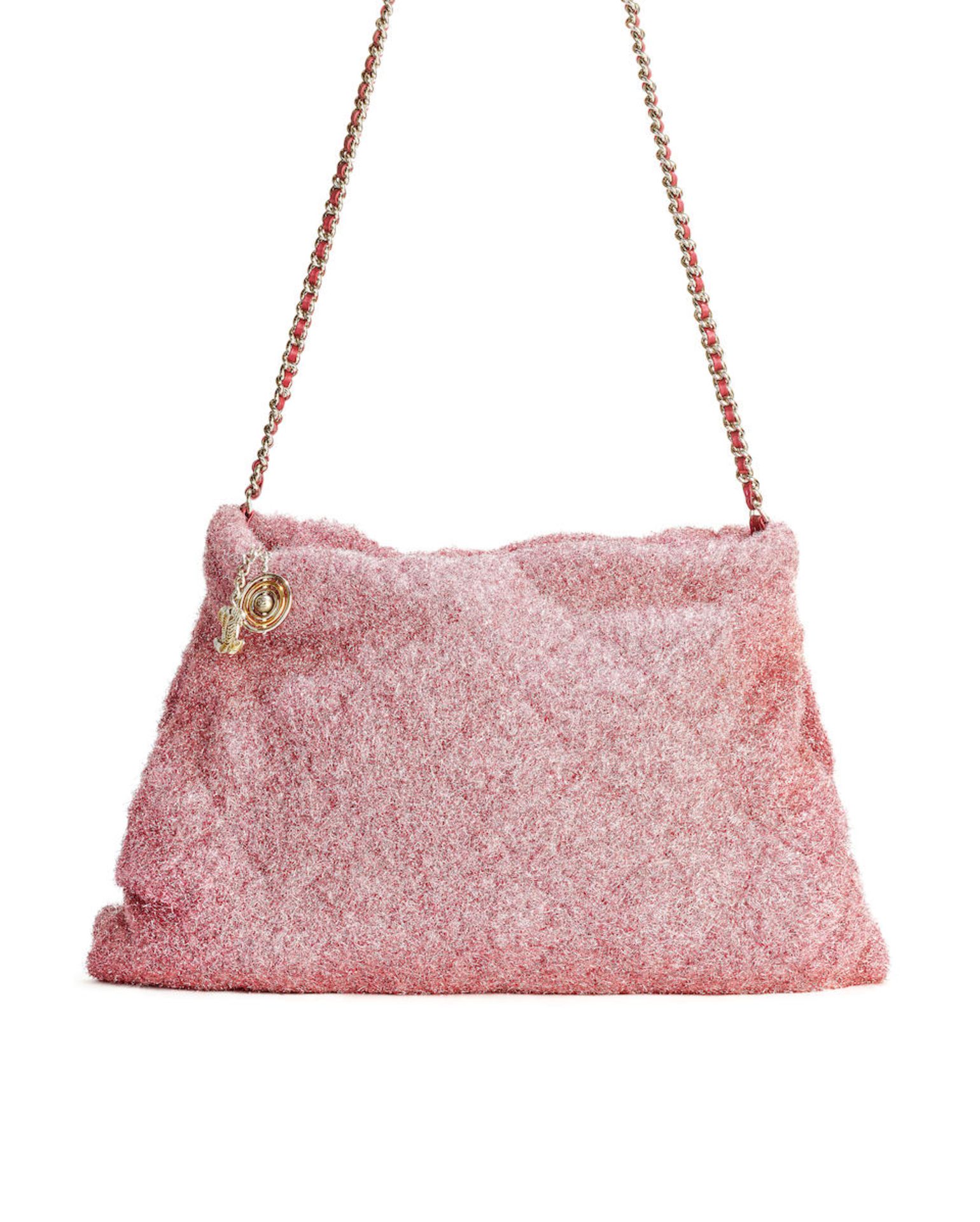 CHANEL: METALLIC PINK KNIT QUILTLED PLUTO GLITTER LARGE TOTE BAG WITH SILVER TONED HARDWARE (Inc...