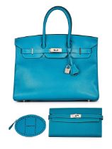 HERMÈS: A SET OF 3 TURQUOISE SWIFT BIRKIN 35 WITH PALLADIUM HARDWARE; TURQUOISE TOGO KELLY ...