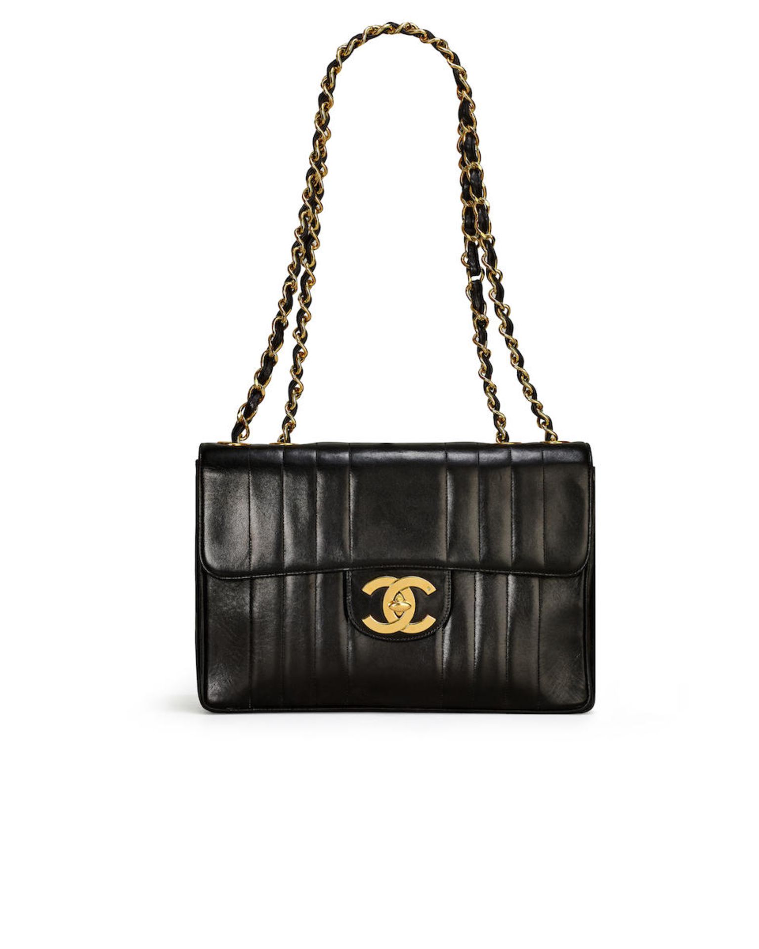 CHANEL: BLACK LAMBSKIN JUMBO VERTICAL STITCH CLASSIC FLAP BAG WITH GOLD TONED HARDWARE (Includes...