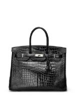 HERMÈS: NOIR SHINY POROSUS BIRKIN 35 WITH PALLADIUM HARDWARE (Includes padlock, keys, cloch...