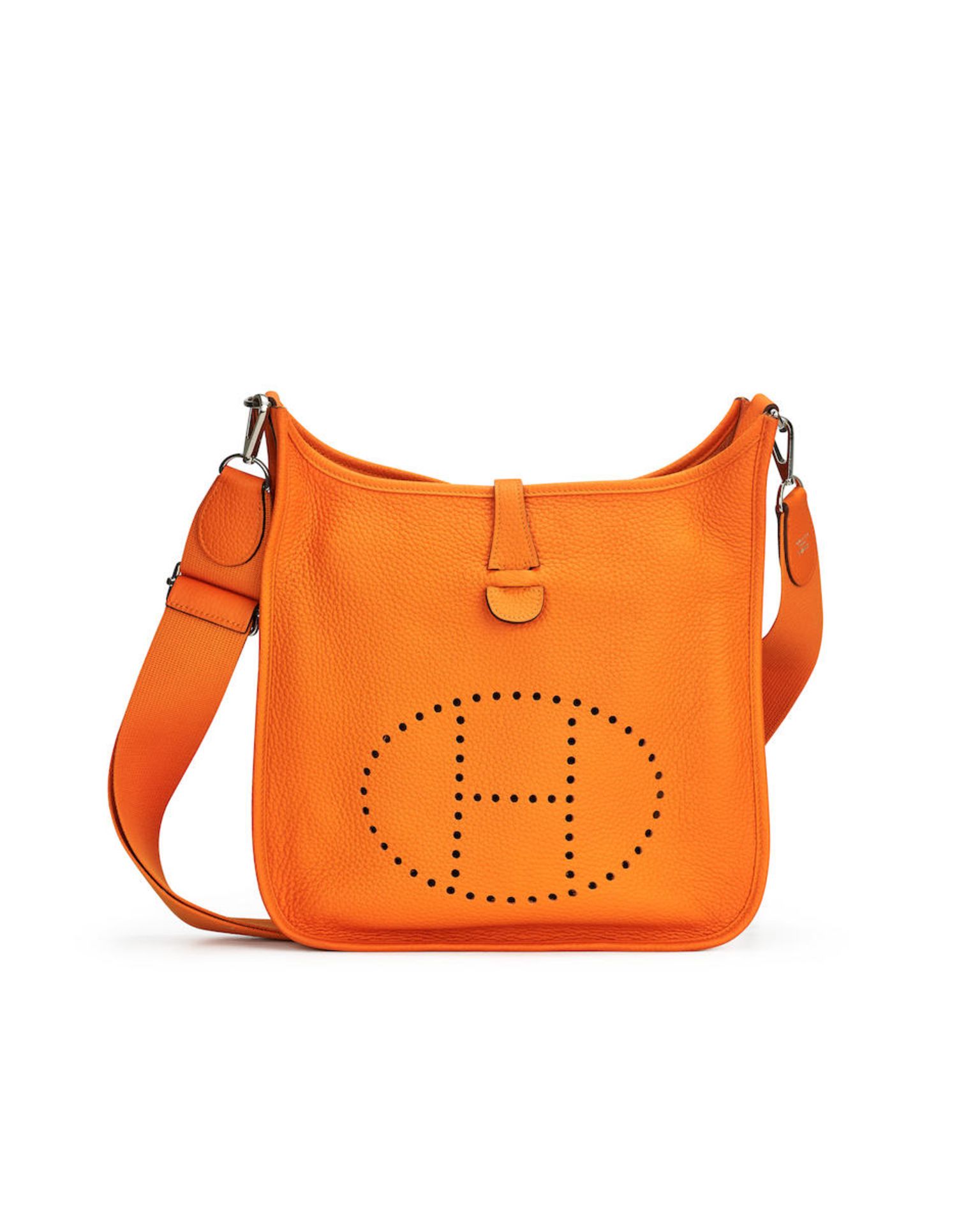 HERMÈS: ORANGE CLEMENCE EVELYNE 29 WITH PALLADIUM HARDWARE (Includes strap, original dust b...