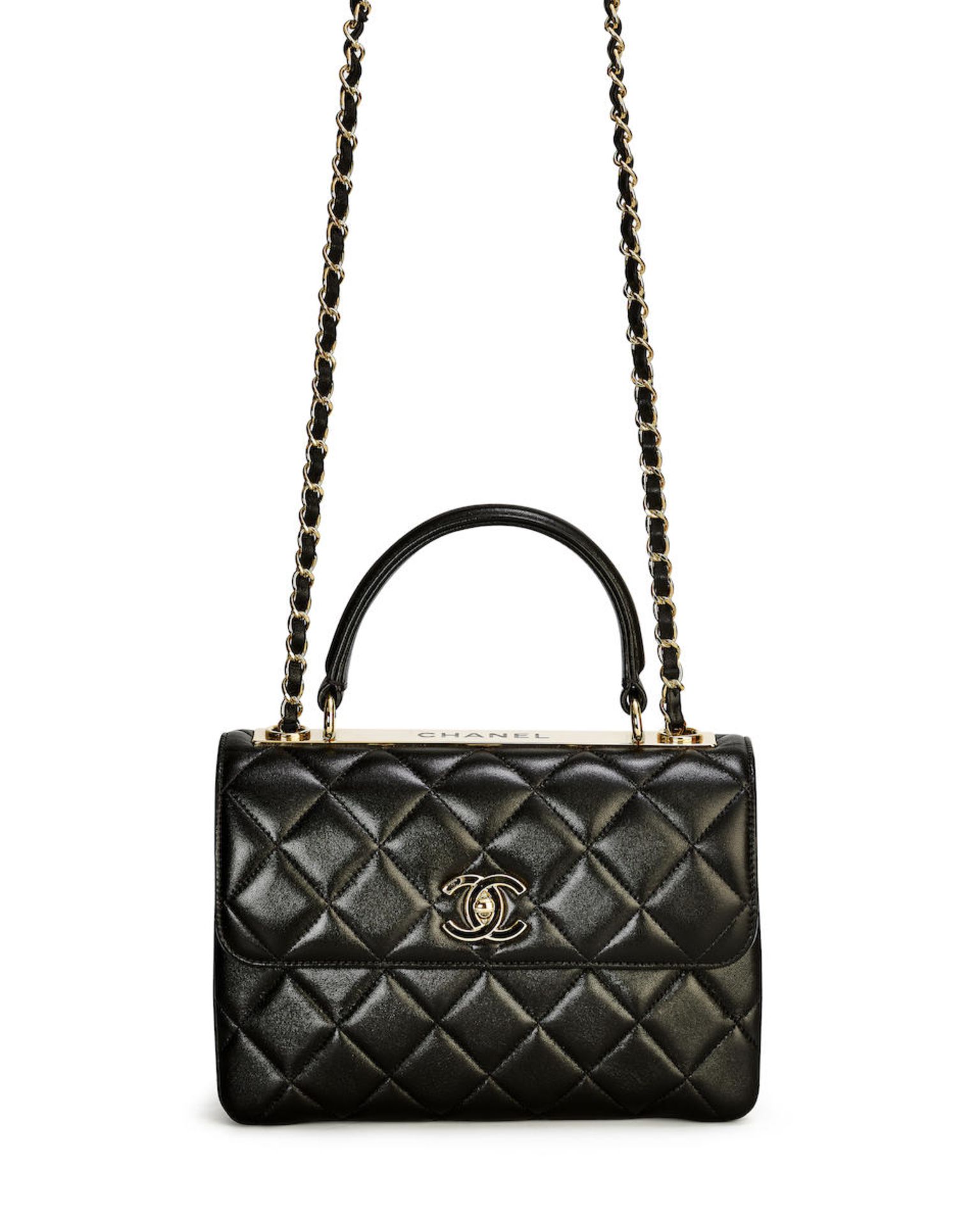 CHANEL: BLACK LAMBSKIN SMALL TRENDY CC HANDLE WITH GOLD TONED HARDWARE (Includes serial sticker,...