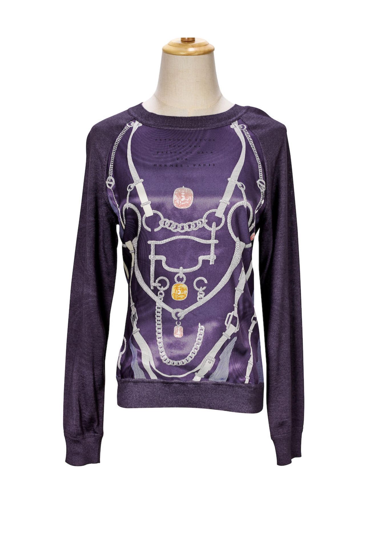 [NO RESERVE] HERMÈS: PURPLE AND GREY MULTI COLOURED CASHMERE SILK CHAIN PRINTED TOP