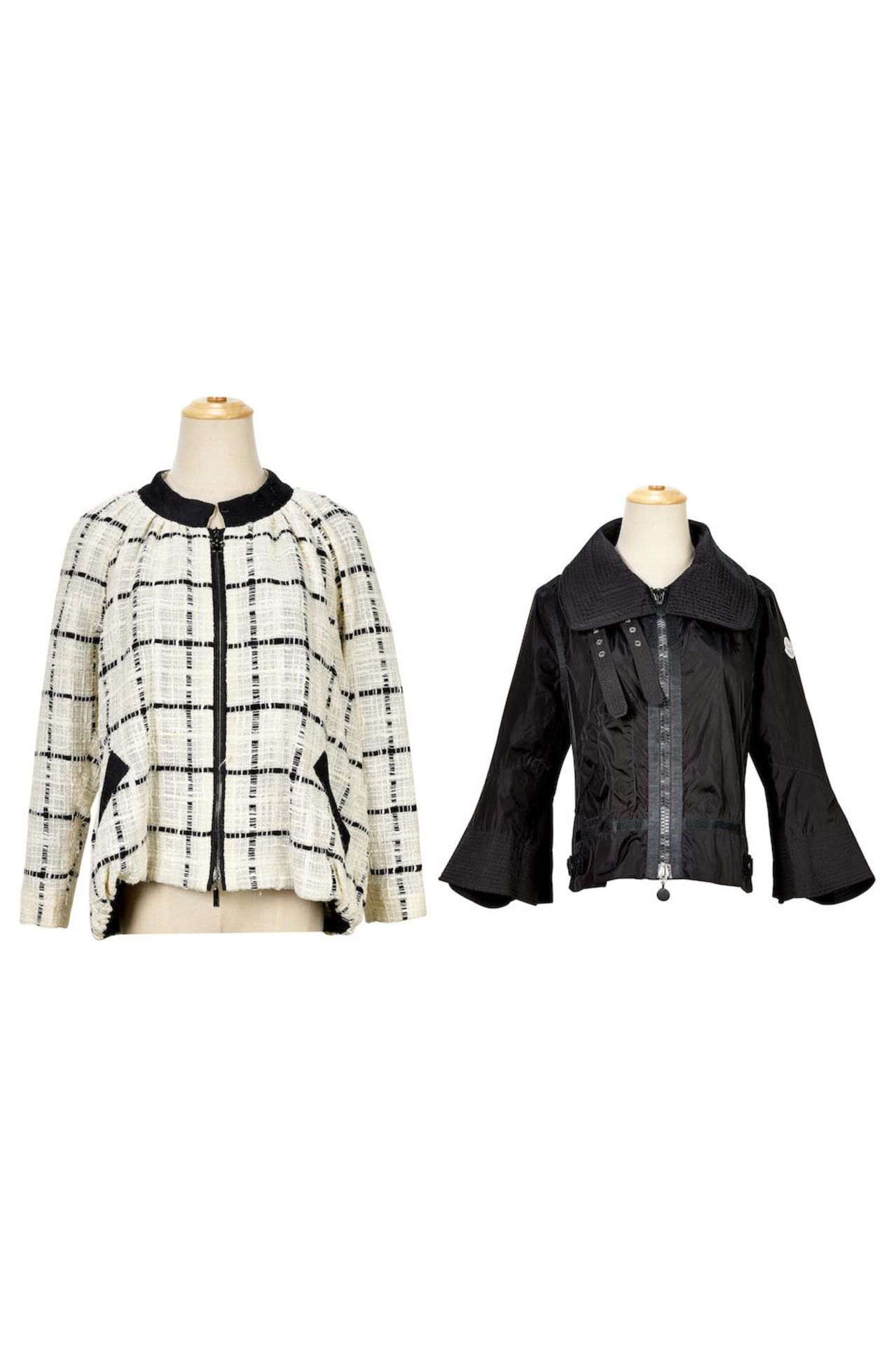 [NO RESERVE] MONCLER: A SET OF 2 IVORY BLACK TWEED BOMBER JACKET; BLACK GAMME ROUGE SILK COTTO...