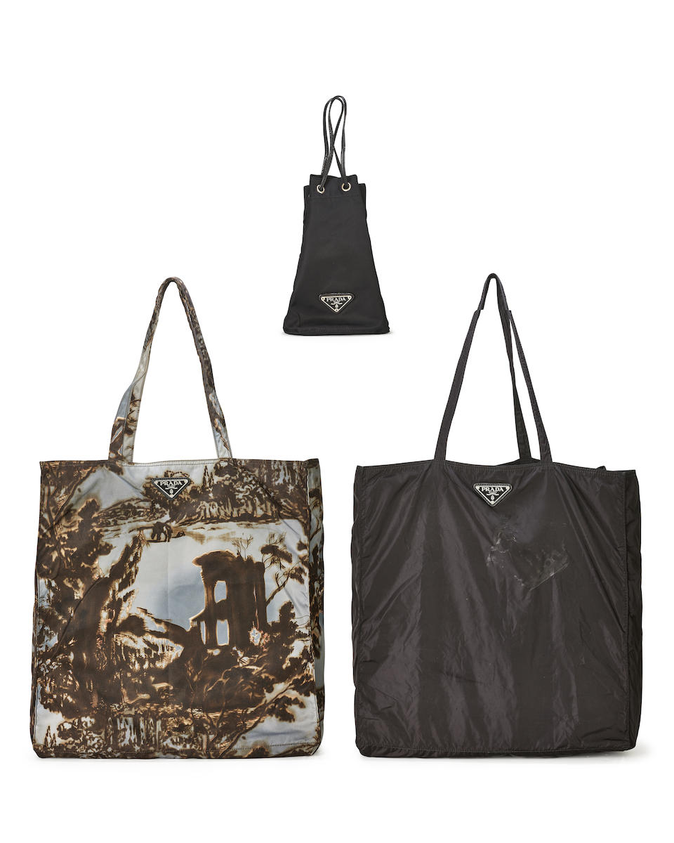 PRADA: A SET OF 3 GREY AND BLACK STAMPATO ALABASTRO PRINTED TOTE BAG; BLACK CLASSIC TOTE BAG; BL...