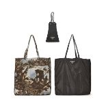 PRADA: A SET OF 3 GREY AND BLACK STAMPATO ALABASTRO PRINTED TOTE BAG; BLACK CLASSIC TOTE BAG; BL...