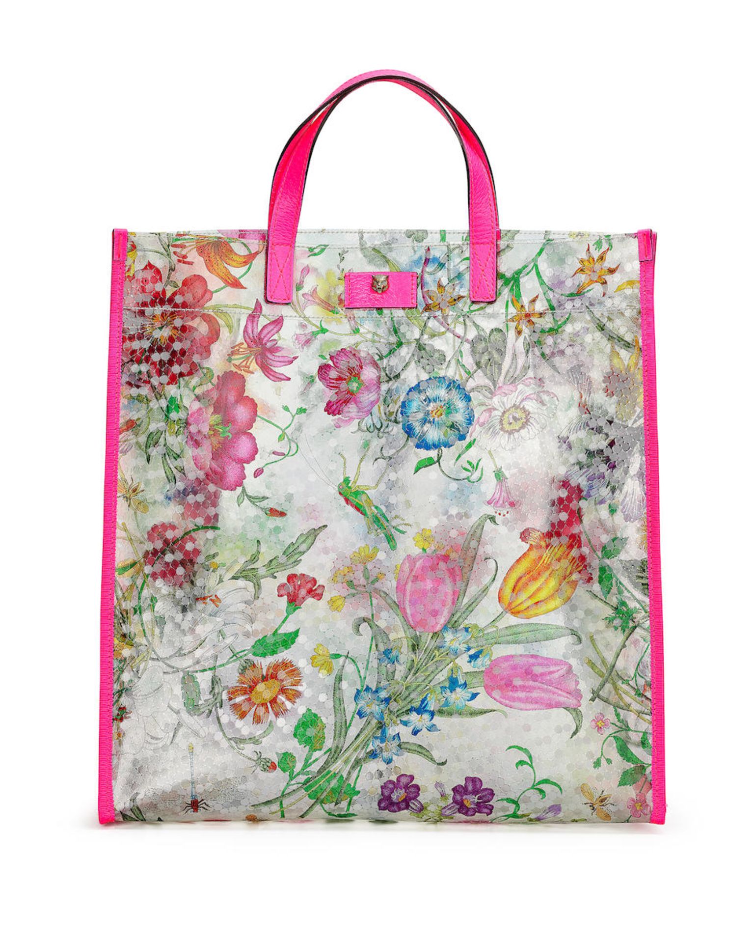 [NO RESERVE] GUCCI: FLORAL PRINT VINYL TOTE BAG DECORATED WITH FRONT LOGO PLATE AND TIGER HEAD (...