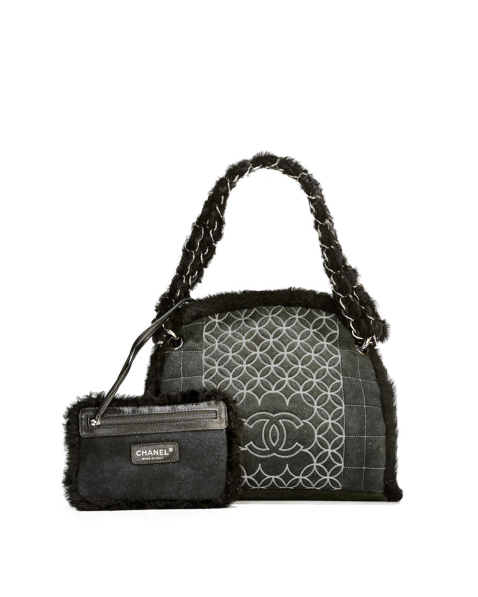 CHANEL : BLACK MOUTON FUR QUILTED SHOULDER BAG WITH SMALLL POUCH WITH SILVER TONED HARDWARE (Inc...