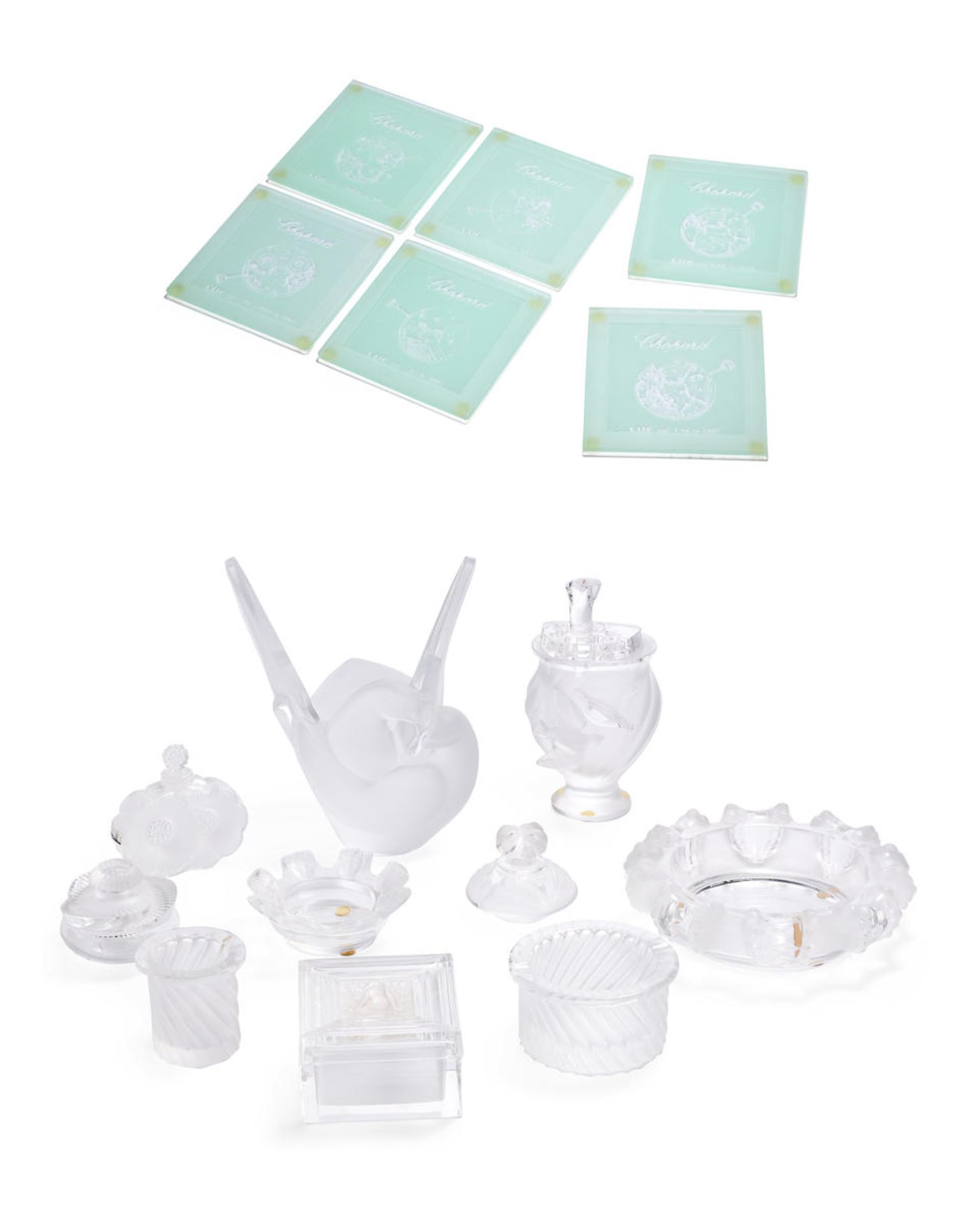 [NO RESERVE] LALIQUE: A SET OF CRYSTAL DECORATIVE AND PERFUME BOTTLE SET; CHOPARD: COASTER SET