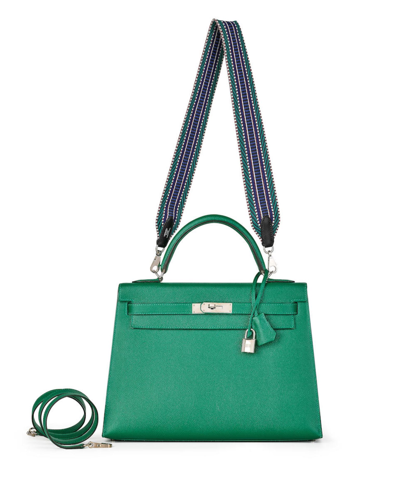 HERMÈS: A SET OF VERT VERTIGO EPSOM SELLIER KELLY 32 WITH PALLADIUM HARDWARE; MALACHITE BLE...