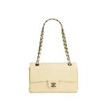 CHANEL: WHITE PYTHON CLASSIC FLAP BAG WITH SILVER TONED HARDWARE (Includes serial sticker, authe...