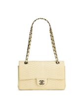 CHANEL: WHITE PYTHON CLASSIC FLAP BAG WITH SILVER TONED HARDWARE (Includes serial sticker, authe...