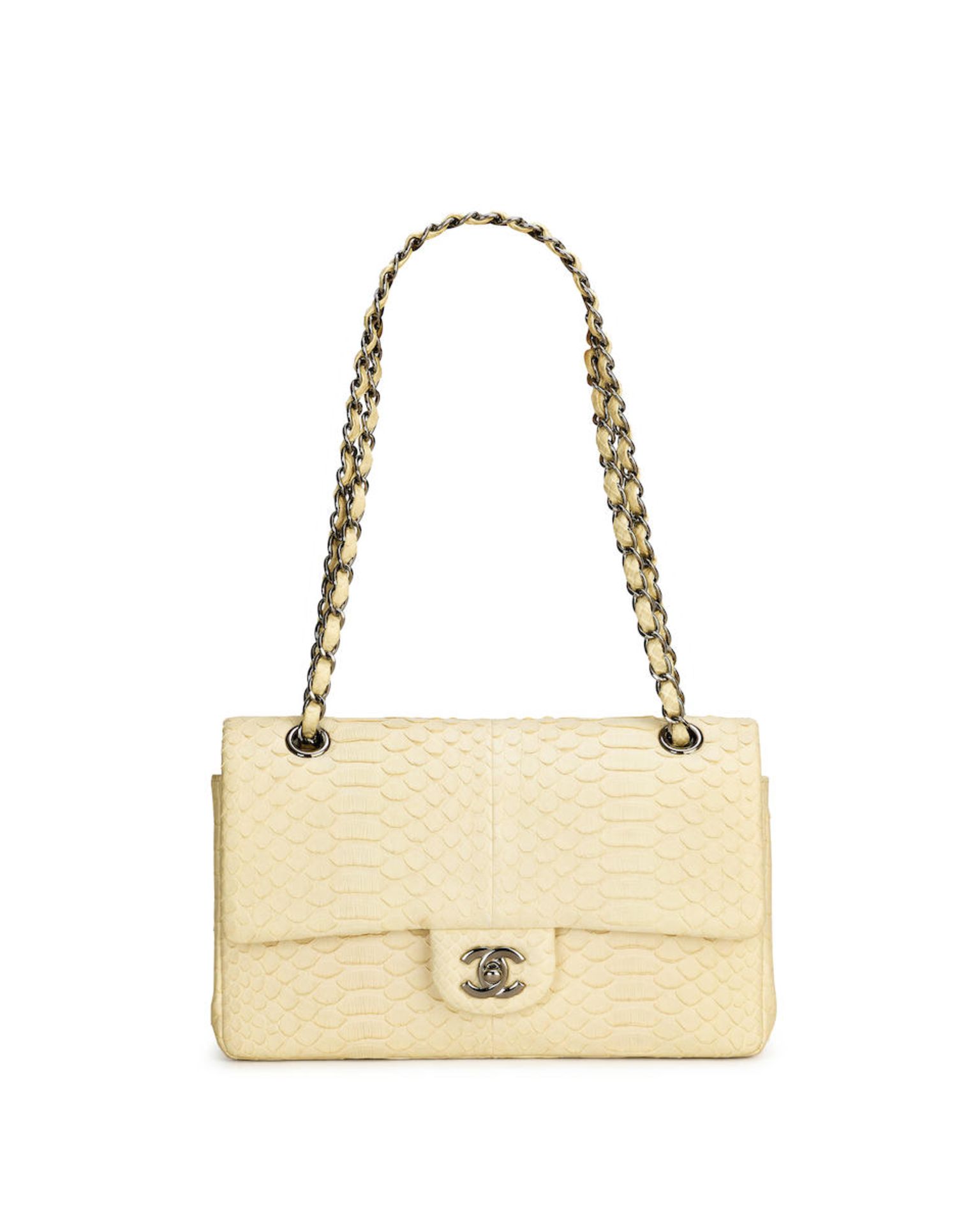 CHANEL: WHITE PYTHON CLASSIC FLAP BAG WITH SILVER TONED HARDWARE (Includes serial sticker, authe...