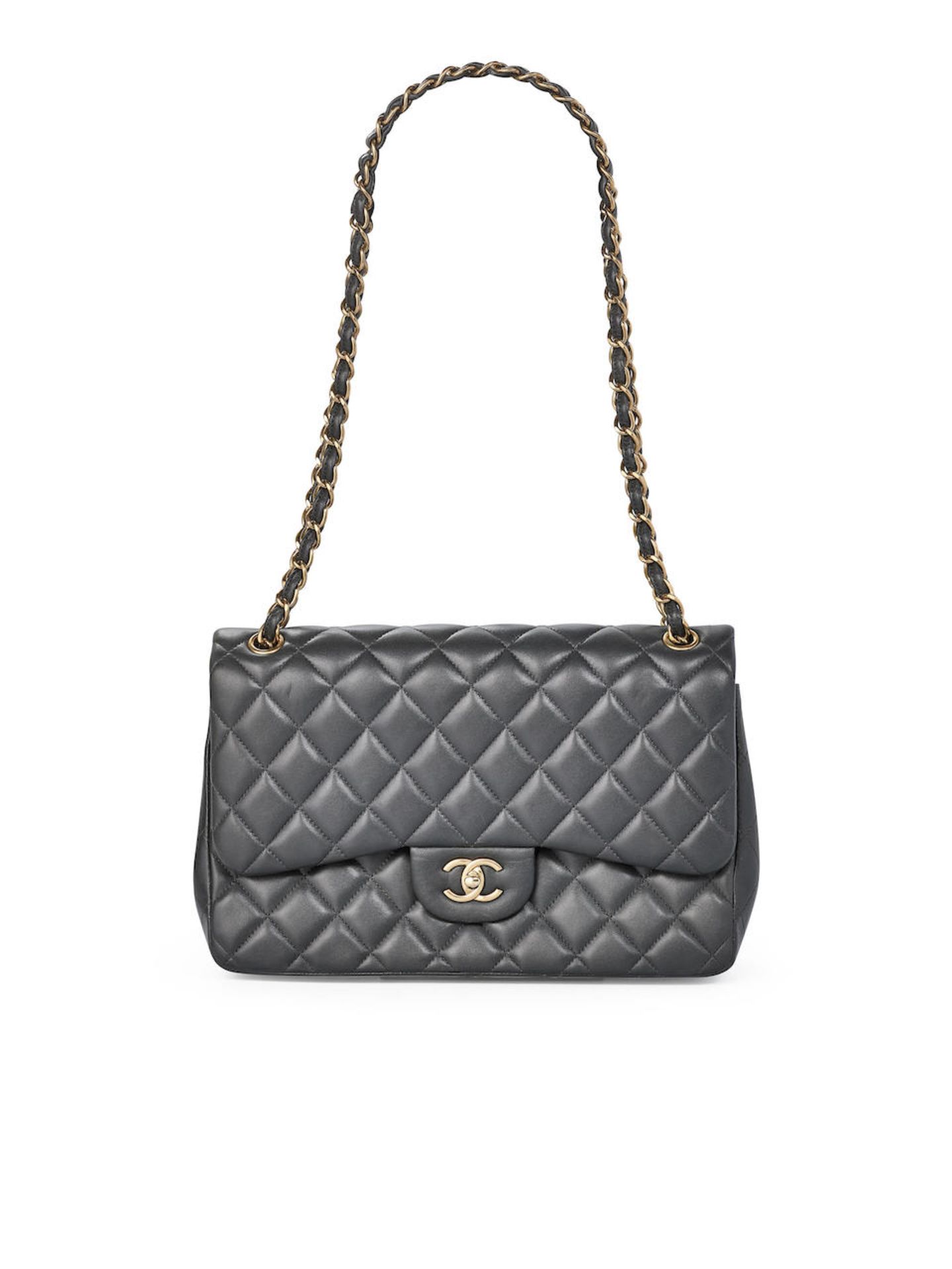 CHANEL: BLACK QUILTED LAMBSKIN JUMBO CLASSIC DOUBLE FLAP WITH GOLD TONED HARDWARE (Includes auth...