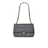 CHANEL: BLACK QUILTED LAMBSKIN JUMBO CLASSIC DOUBLE FLAP WITH GOLD TONED HARDWARE (Includes auth...