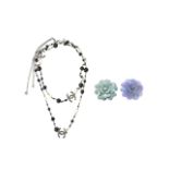 CHANEL: A SET OF 3 BLACK & WHITE FAUX PEARL SILVER TONED CC NECKLACE; LAVENDER ITALIAN RESIN CAM...