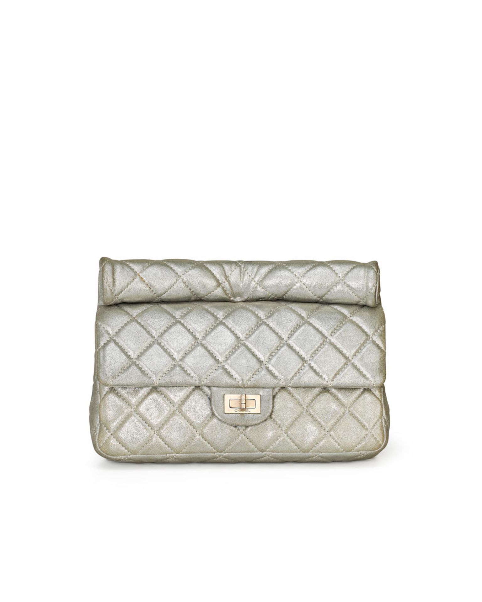 CHANEL: METALLIC SILVER QUILTED CALFSKIN 2.55 CLUTCH WITH BRUSHED SILVER HARDWARE (Include origi...