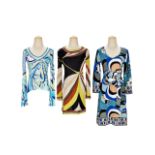 EMILIO PUCCI: A SET OF 3 SILK MULTI COLOURED GEOMETRIC TOP AND ONE PIECE