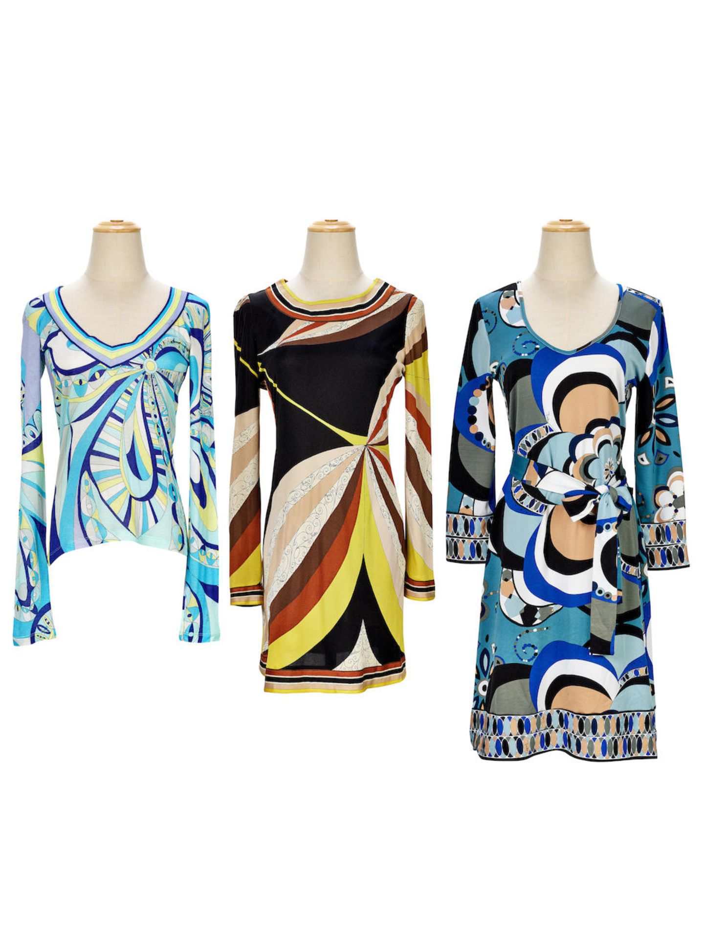 EMILIO PUCCI: A SET OF 3 SILK MULTI COLOURED GEOMETRIC TOP AND ONE PIECE