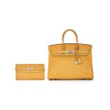 HERMÈS : A SET OF 2 CURRY YELLOW CLEMENCE BIRKIN 35 ; TOGO KELLY WALLET WITH PALLADIUM HARD...