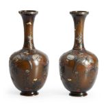 JOMI EISUKE II (1839-1899) A PAIR OF MIXED METAL-INLAID BRONZE BOTTLE VASES