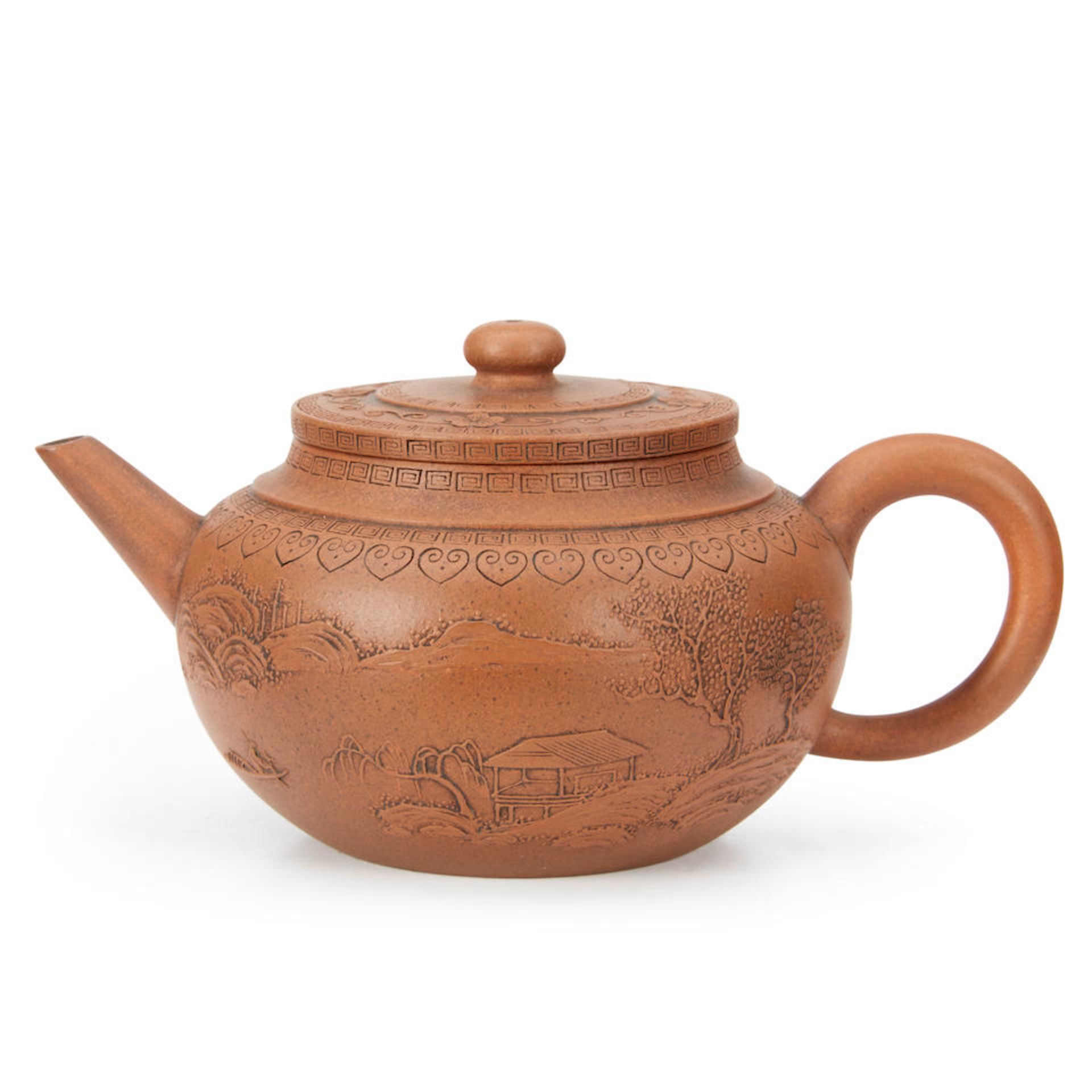 A YIXING APPLIQUE-DECORATED 'LANDSCPE' TEAPOT AND COVER