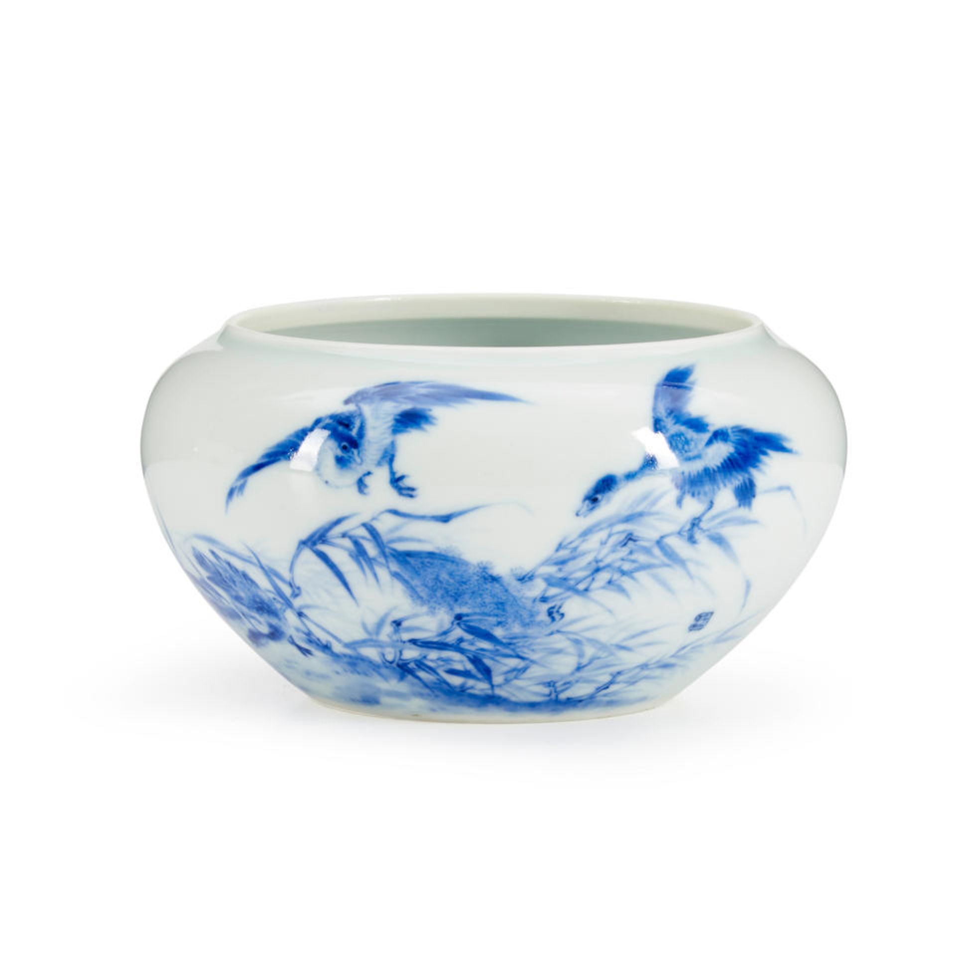 A BLUE AND WHITE WATER POT