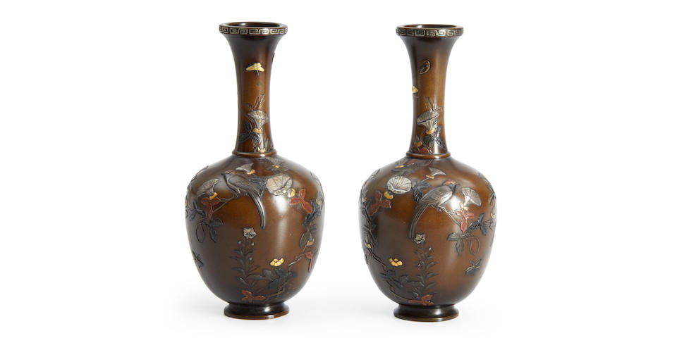 JOMI EISUKE II (1839-1899) A PAIR OF MIXED METAL-INLAID BRONZE BOTTLE VASES - Image 2 of 3