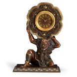 ATTRIBUTED TO MIYAO A MIXED METAL-INLAID BRONZE TABLE CLOCK WITH ONI