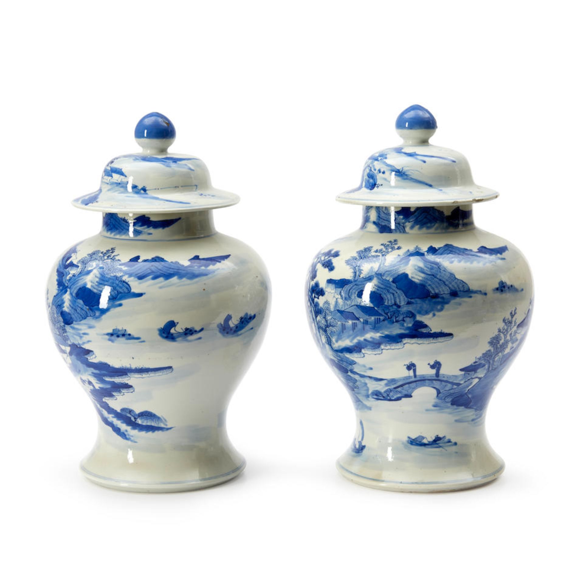 A NEAR PAIR OF BLUE AND WHITE 'LANDSCAPE' JARS AND COVERS - Image 2 of 4