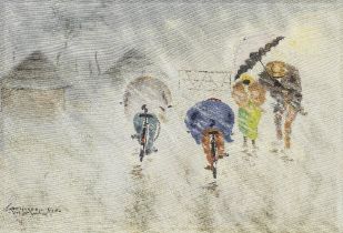 John Koenakeefe Mohl (South African, 1903-1985) Cycling against the rain, Western Transvaal (S.A...