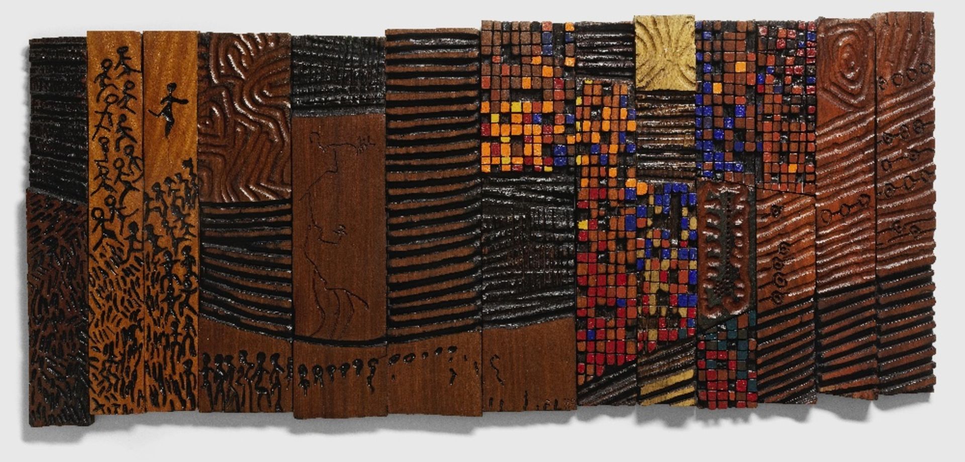 El Anatsui (Ghanaian, born 1944) Towards the Fire Bodies Unknown, 1989, 143 x 61 cm, in 13 pieces