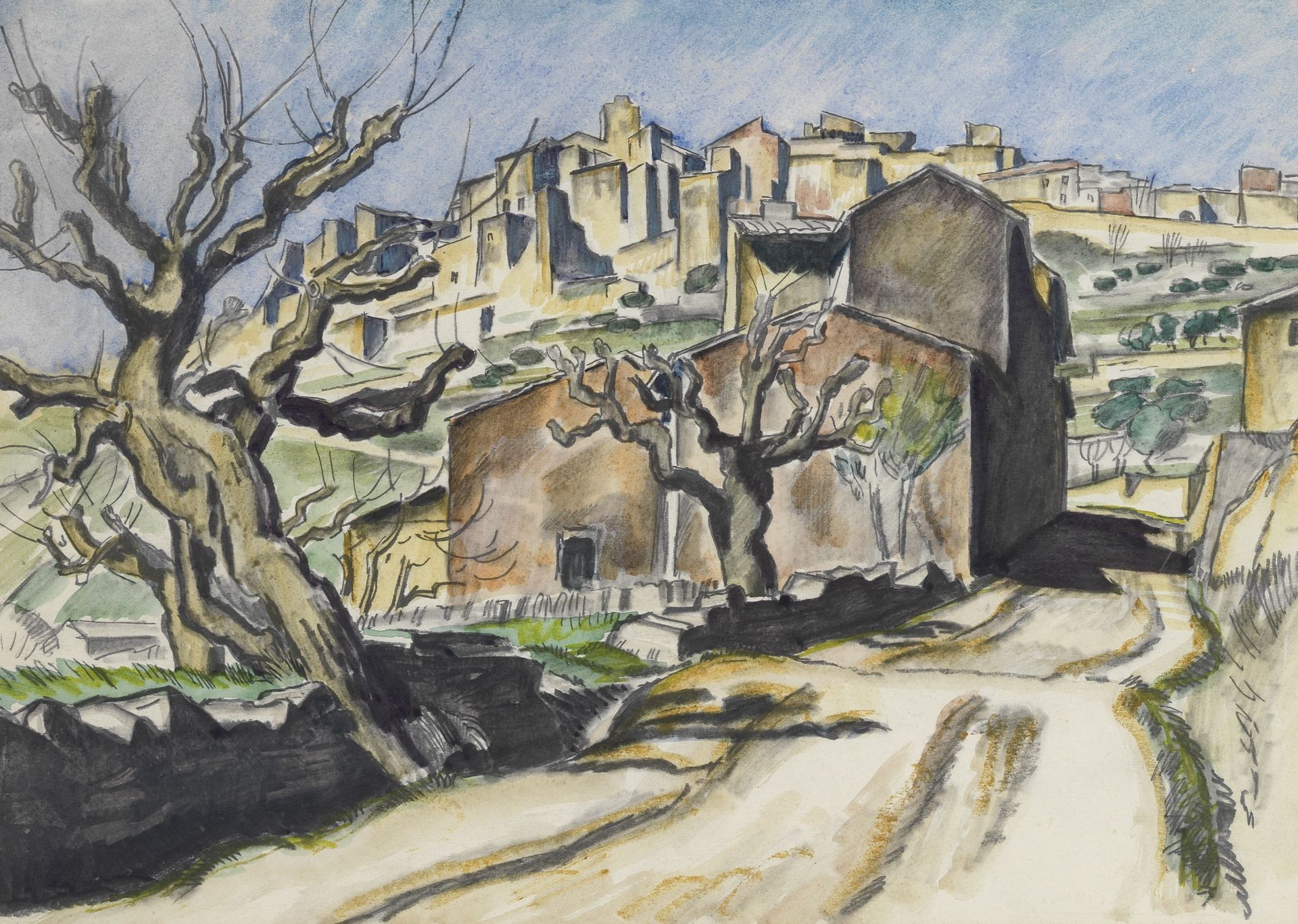 Adrian Paul Allinson (British, 1890-1959) Mediterranean Village (together with a further chalk a...