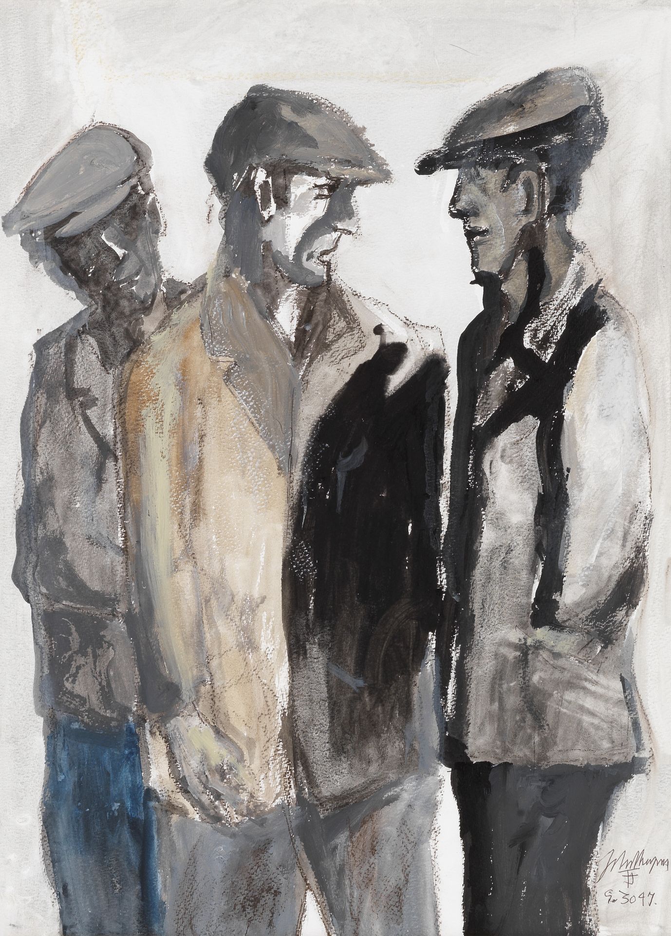 John Thompson (British, 1924-2011) Three Men in Cloth Caps