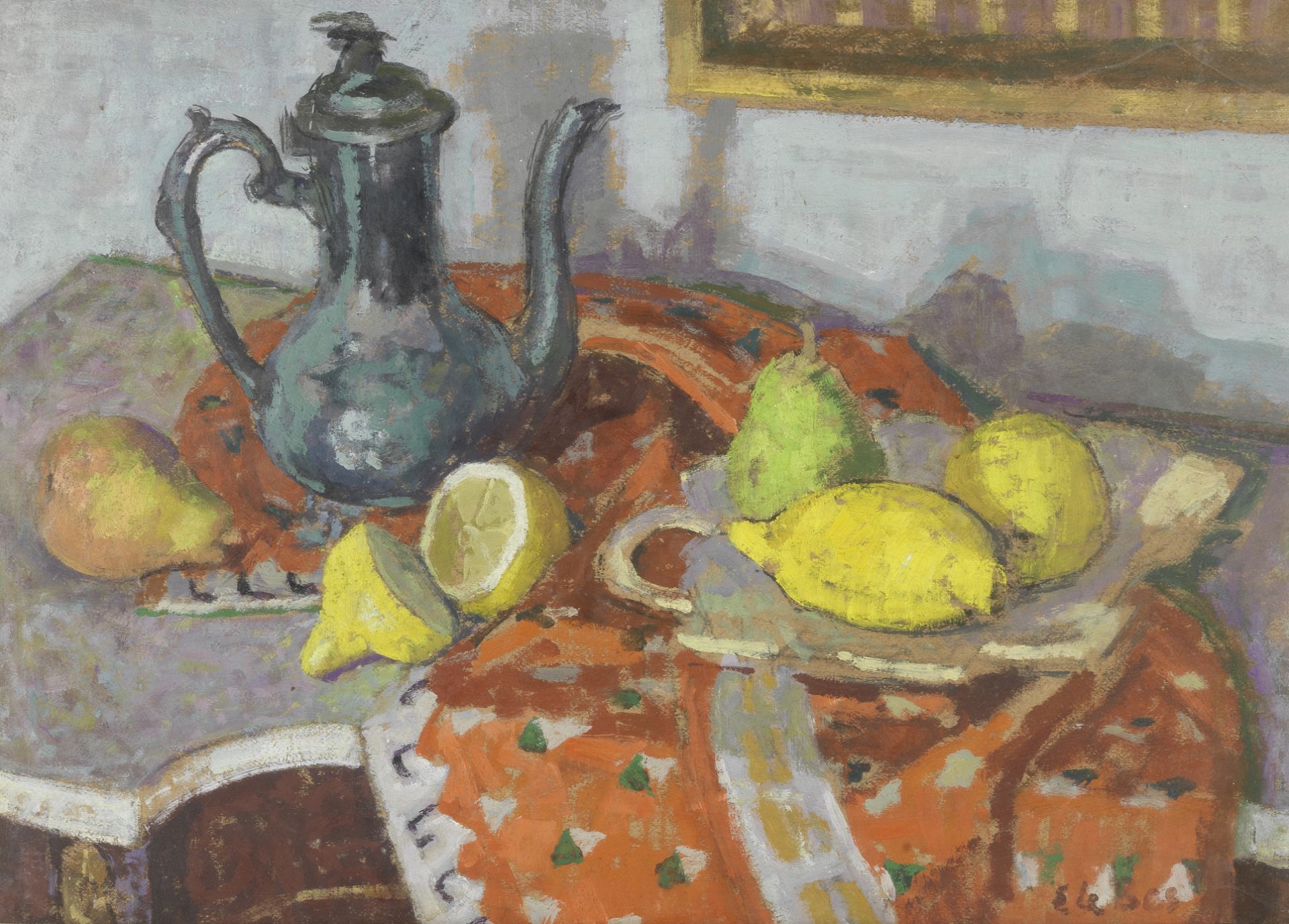 Edward Le Bas (British, 1904-1966) Still Life with Lemons, Pears and Coffee Pot