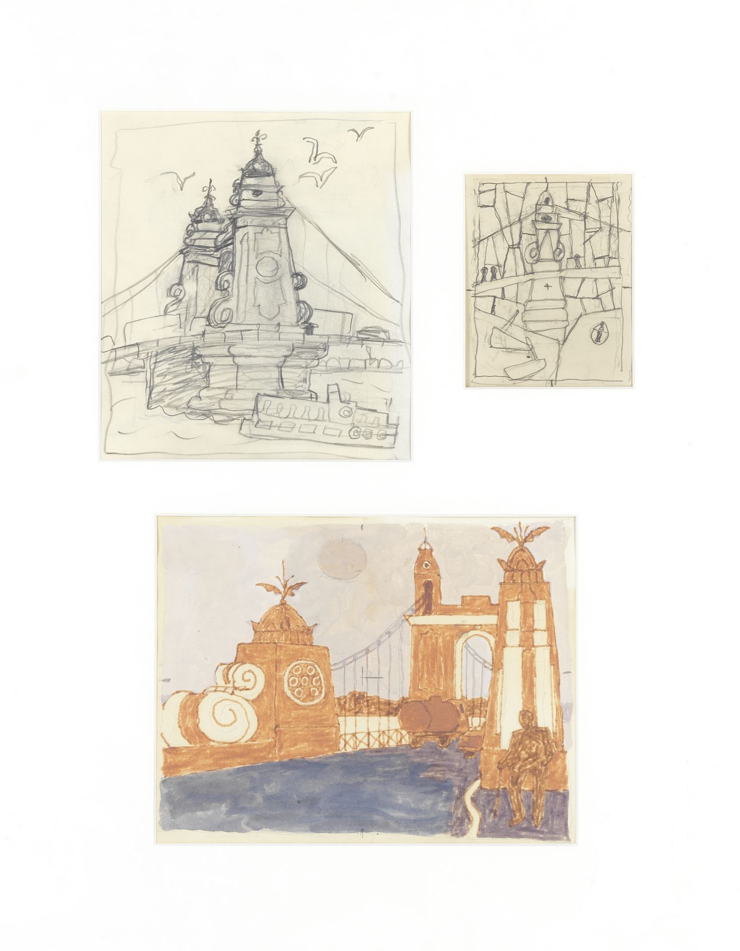 Julian Trevelyan R.A. (British, 1910-1988) Three Studies of Hammersmith Bridge 19.5 x 17.5cm (7 ...