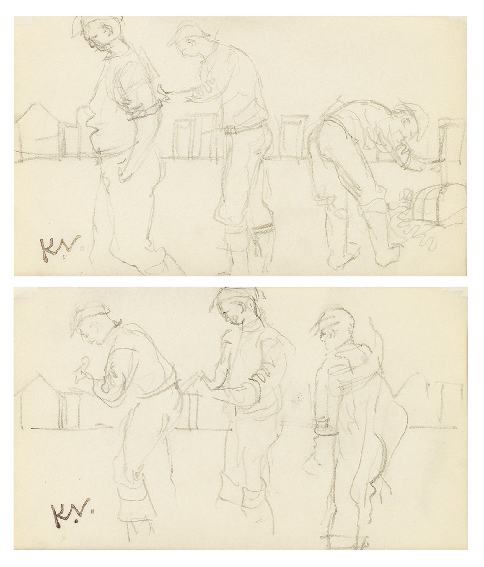 Keith Vaughan (British, 1912-1977) Three Labourers I and Three Labourers II each 12 x 20.5cm (4 ...