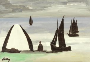 Markey Robinson (Irish, 1918-1999) Boats at Sea (together with a further oil on board, portrait,...