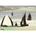 Markey Robinson (Irish, 1918-1999) Boats at Sea (together with a further oil on board, portrait,...
