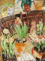John Bratby R.A. (British, 1928-1992) Hyacinths in Pots in Hove