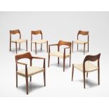 Arne Hovmand-Olsen Set of four dining chairs, model no. 71 and two armchairs, circa 1954