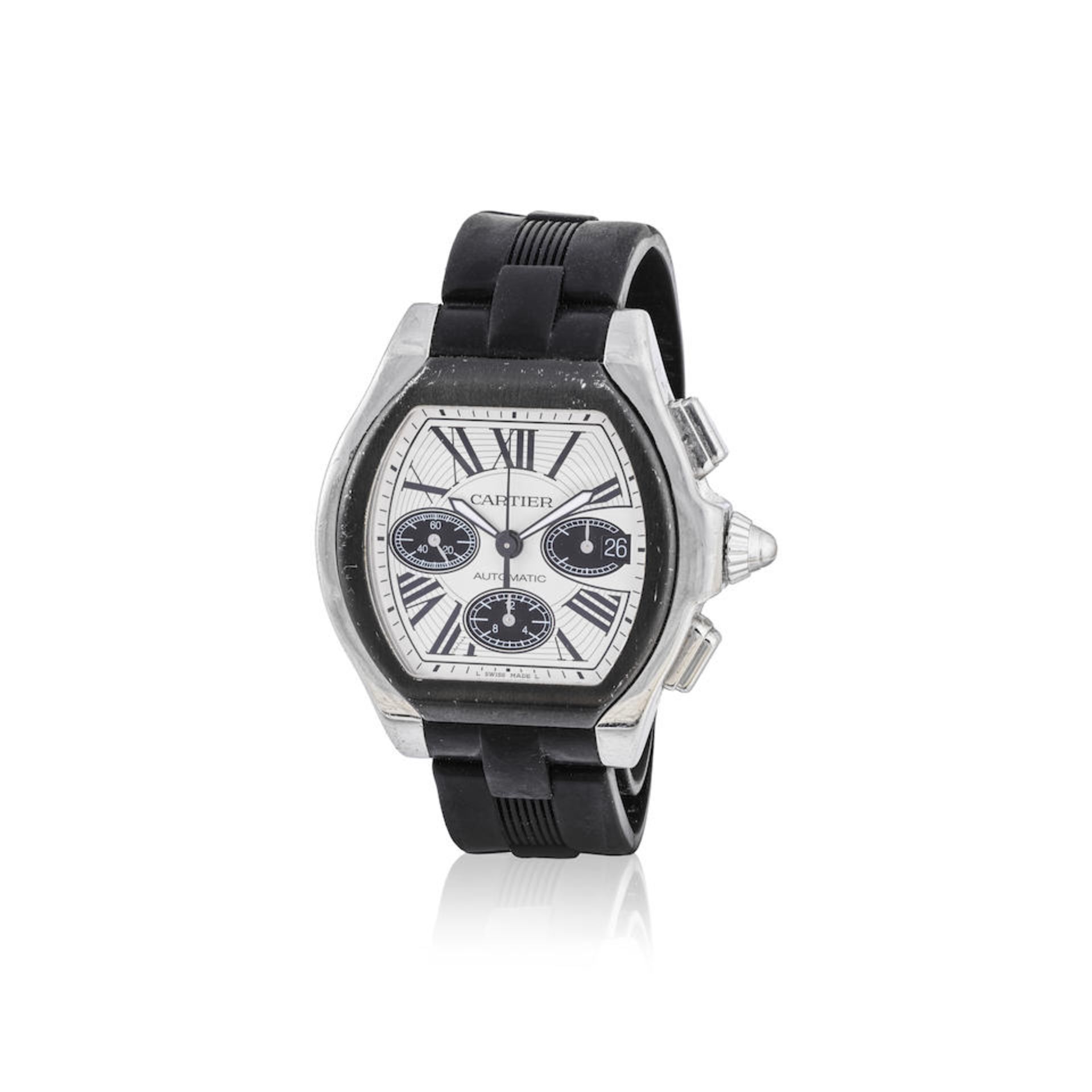 Cartier. A stainless steel automatic calendar chronograph wristwatch Cartier. Chronographe brace...